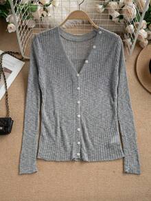 2026 Spring/Summer New Fashion Slim Fit V-Neck Grey Long Sleeve Knit Cardigan For Women - Grey - View 5