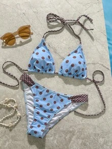Bộ bikini chấm bi cổ điển dành cho nữ, màu xanh dương, đồ bơi thể thao, trang phục thường ngày/đi club/thanh lịch, phù hợp cho tiệc bể bơi, kỳ nghỉ, lễ hội âm nhạc, từ thành phố ra biển, phong cách Bohemian, kỳ nghỉ biển mùa xuân/hè 2023. - xanh nâu - Xem 2