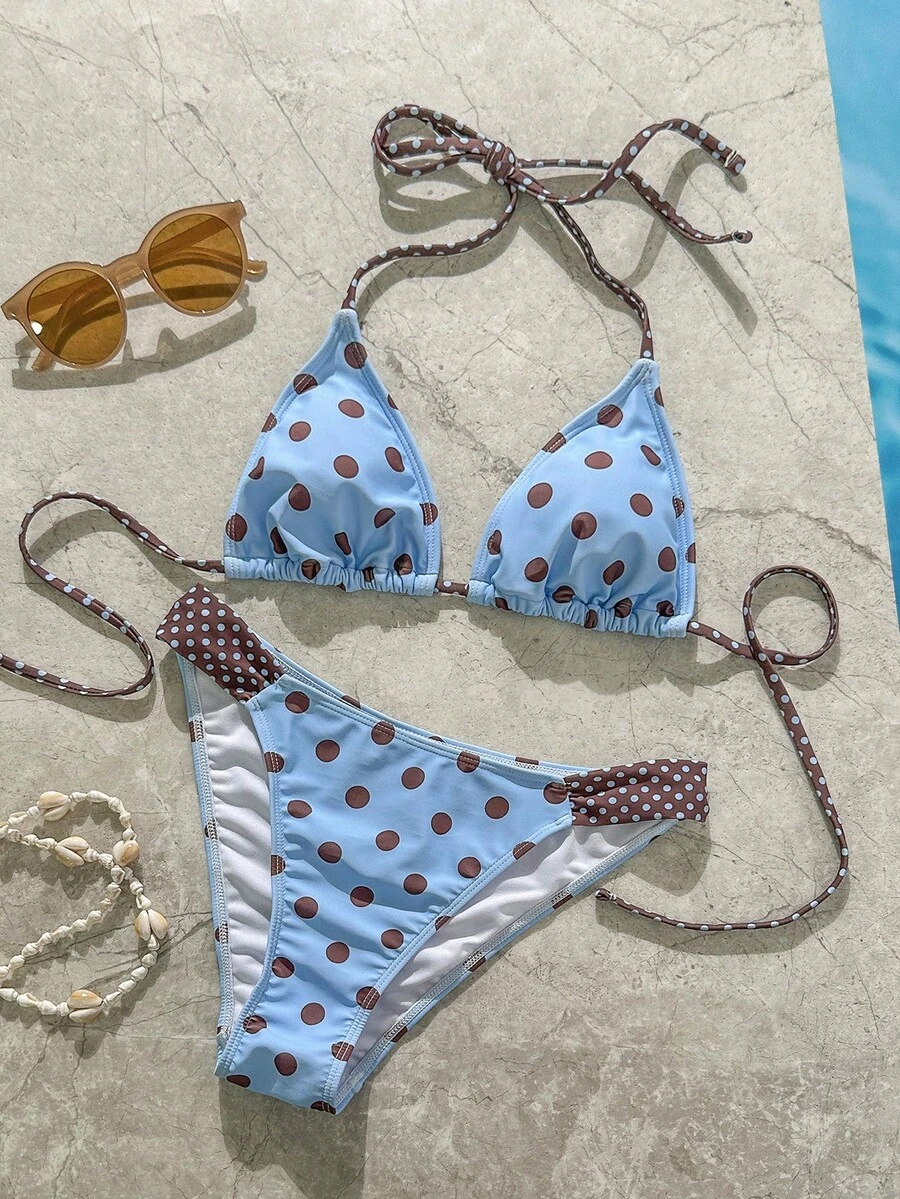 Bộ bikini chấm bi cổ điển dành cho nữ, màu xanh dương, đồ bơi thể thao, trang phục thường ngày/đi club/thanh lịch, phù hợp cho tiệc bể bơi, kỳ nghỉ, lễ hội âm nhạc, từ thành phố ra biển, phong cách Bohemian, kỳ nghỉ biển mùa xuân/hè 2023.