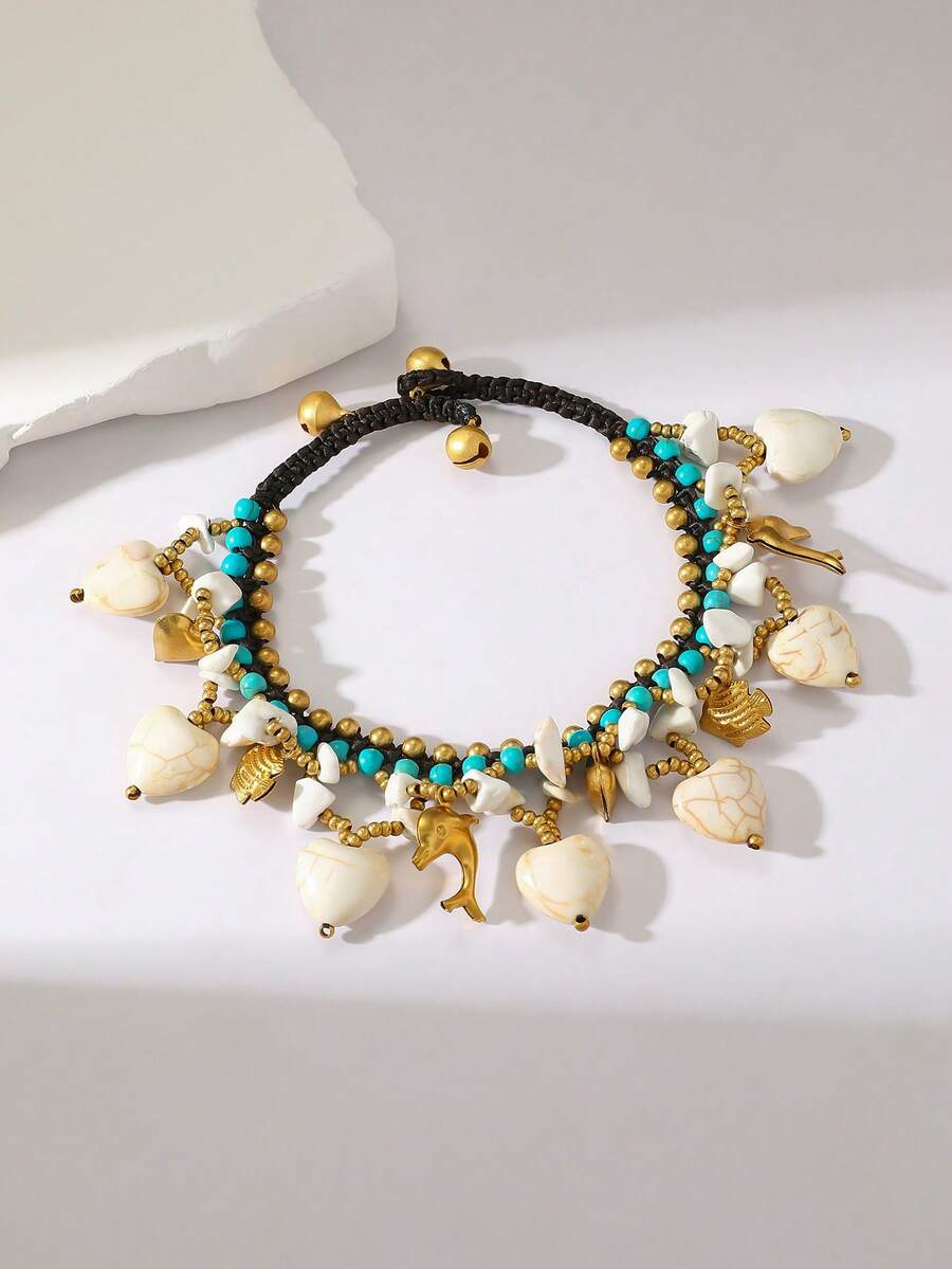 1pc Bohemian Style Turquoise Heart Pendant Wax Rope Woven Anklet, Suitable For Women's Daily And Holiday Wear, Especially Suitable For Summer - Multicolor - View 1