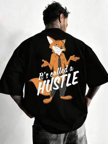 Disney-Crazy Zootopia Nick Fox HUSTLE Theme T-Shirt American Cartoon Fun Printed Short Sleeved Men's And Women's Couple's Loose Round Neck Top - 黑色 - 查看 1