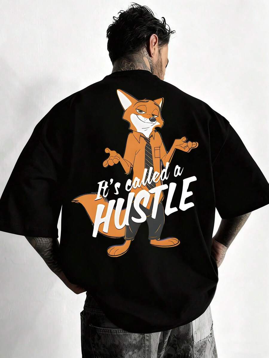 Disney-Crazy Zootopia Nick Fox HUSTLE Theme T-Shirt American Cartoon Fun Printed Short Sleeved Men's And Women's Couple's Loose Round Neck Top - 黑色 - 查看 1