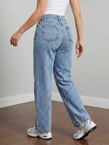 Womens Casual Light Wash Denim Straight Leg Jeans With Pockets And Button Zipper Closure Non-Stretch Long - Light Wash - View 2