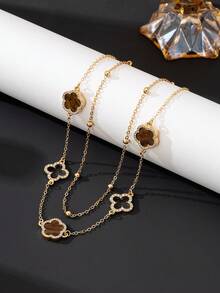 SHEIN BAE 1 chiếc vòng cổ mặt dây chuyền hình cỏ ba lá rỗng và ngũ sắc sang trọng dành cho nữ, màu nâu, hai lớp (Số lượng hạt có thể thay đổi do cắt thủ công, chiều dài cố định) - màu nâu - Xem 3