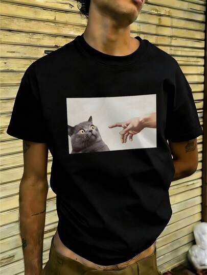  Fractyr Men's Casual Street Rock Hip Hop Style Loose Fit Short Sleeve T-Shirt | Cute Cat Print Design | Exquisite Details | Essential Spring/Summer Piece | Versatile All-Match Comfortable Cotton | Best Gift For Friends | Showcase Unique Personality