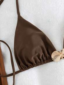 Women's Solid Color Triangle Neck Bikini Two Pieces Set With Metal Accessories Suitable For Island Vacation Swimming - Brown - View 5