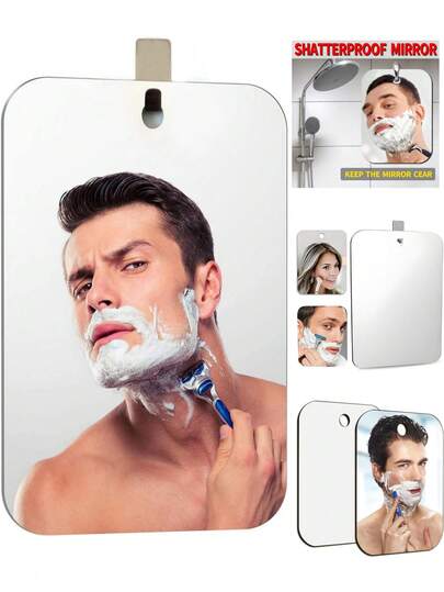 1pc Anti-Fog Acrylic Bathroom Mirror With Hook, Polished Mirror Surface, Wall-Mountable, Plastic Frame, Suitable For Men's Shaving, Please Remove Protective Film Before Use