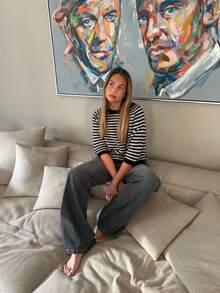 Striped Rib Knit Casual Raglan Sleeve Pullover - Black and White - View 5