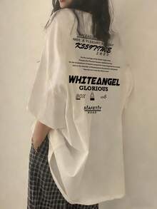 女士宽松圆领短袖字母卡通印花T恤，春夏款 - 白色 - 查看 3