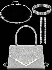 Shiny Ladies' Evening Clutch, New Stylish Handbag And Evening Bag, Paired With A Three Pieces Sparkling Rhinestone Evening Jewelry Set, Including A Dazzling Pendant Necklace, Earrings, And Bracelet. Perfectly Matches Wedding Dresses, Sequin Dresses, And Prom Gowns, Suitable For Parties, Weddings, And Proms. - Silver - View 9