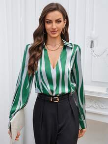 Blusa de satén a rayas versátil y de moda para mujer, con cierre de botones, adecuada para el uso en la oficina - Verde - Ver 2