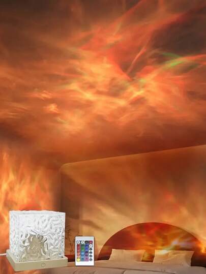 1 Pc 16-Color RGB Rotating Flame Lamp, Water Wave Lamp, LED Night Light, Ceiling Projector With Remote Control, Modern Design With Dynamic Water Ripple Effect, Suitable For Bedroom Decor, Bedside Lamp, Room Decoration, Home Decor, Wall Decor, Valentine's Day Gift, Wedding Decoration, Birthday Party, Bedroom Decor, Projection Lighting