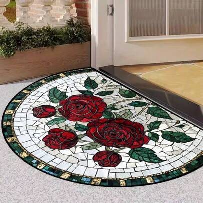 1pc Tile Pattern Red Rose Doormat, Small Rug, Welcome Mat, Carpet, Floor Mat, Outdoor Doormat, Kitchen Rug, Home Decor, Front Door Mat, Area Small Rug, Outdoor Mat, Home Decor, Area Rug, Garden Rug, Washable Rug, Plush Rug, Thick Rug, Fluffy Rug, Autumn/Winter Rug