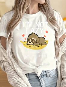Women's Casual Round Neck Short Sleeve Printed T-ShirtI M Not Lazy I Just Really Enjoy Doing Nothing Sloth Banana T Shirt Funny Cute Animal Graphic Tee For Women Men Unisex Casual TopSuitable For Christmas Partysports Activitiesholiday Partiesoutingssports And Other Holiday Gifts (220g). - White - View 4