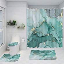 1/4 Piezas Juego de baño con patrón de mármol azul y verde, Cortina de ducha impermeable con 12 ganchos, Alfombra en forma de U, Tapa de inodoro, Alfombra en forma de L, Accesorios de baño, Decoración de baño con estilo - Multicolor - Ver 16