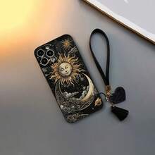 黑色直边日月图案手机壳，带挂绳 - 黑色 - 查看 5