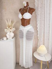 Women's Metal Shell Decor Halter Sexy Backless Beach Vacation Bikini Set With Coverup And Mini Skirt White Summer - White - View 4