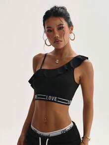Women's Solid Color Removable Padded Racerback Ruffle Trim Sports Knit Bra - Black - View 5