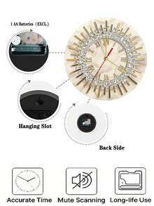 木质大理石纹金色水晶挂钟，静音圆形木质挂钟，适用于卧室、客厅、办公室、厨房装饰（不含AA电池） - 彩色 - 查看 4