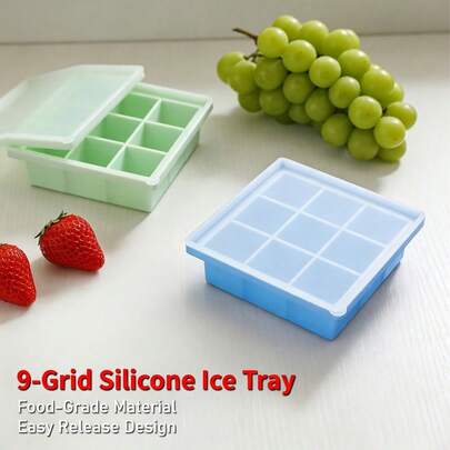1/2个装9格硅胶冰格带盖防异味易脱模冰块模具，适用于冰箱储存，带盖冰模，可用于自制冰块和水果泥