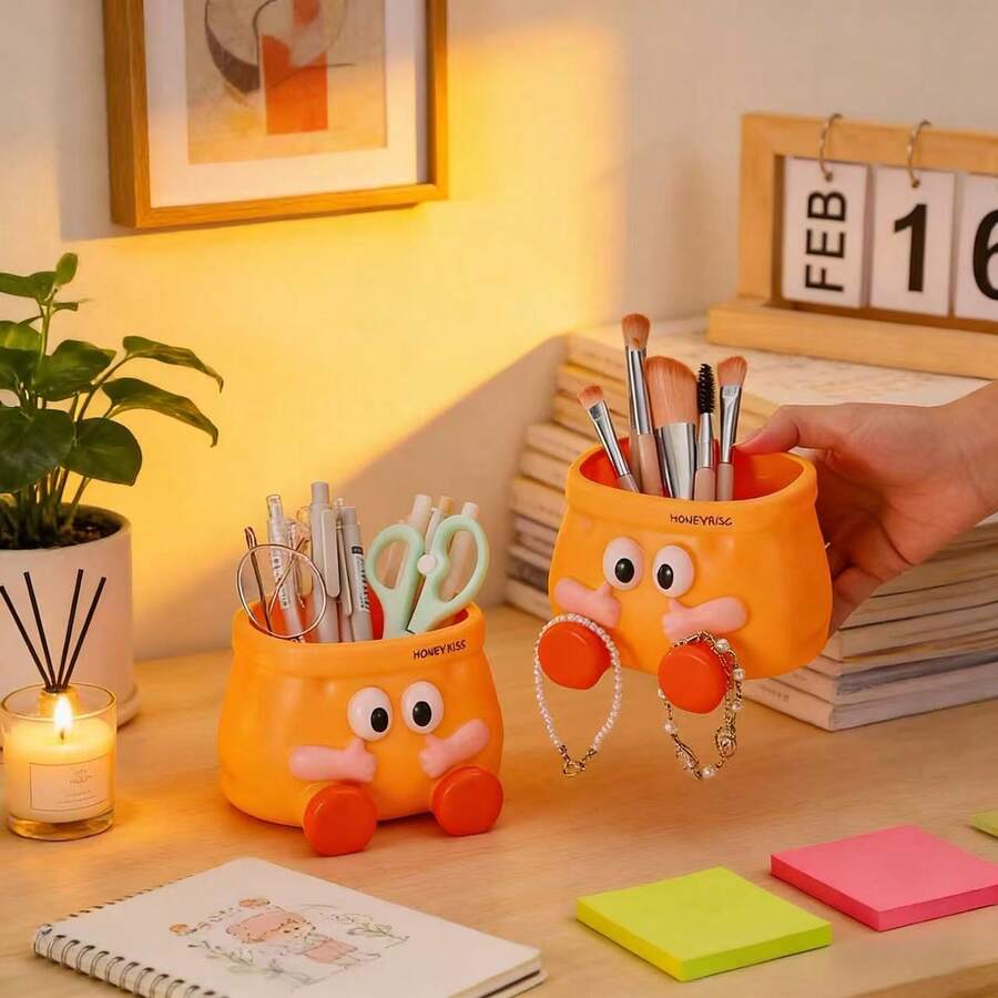 Creative Cartoon Funny Large Capacity Key Pen Holder Desk Decor - Orange - View 1