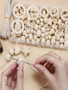 126件天然木珠、木环、DIY首饰制作配件，适用于项链制作，包括木珠、带孔木球和木环。 - 米色 - 查看 2