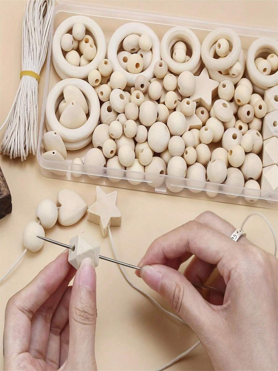 126 pezzi Perle di legno naturali, anelli di legno, accessori per la realizzazione di gioielli fai-da-te per la creazione di collane, inclusi perle di legno, palline di legno con foro e anelli di legno - Beige - Visualizzare 1