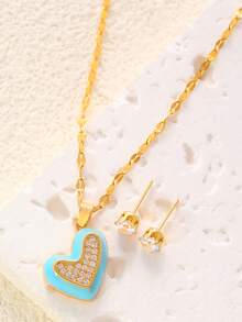 1 Set de collar y aretes con corazón de cobre y circonita esmaltada, opción de regalo elegante para ir al trabajo y citas - DM06701 - Ver 5