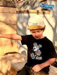 This Black Short-Sleeved T-Shirt For Boys Aged 4-12 Features A Full-Body Mickey Mouse Patchwork Print On The Front. The Head Is In A Classic Black And White Line Drawing, While The Ears, Body, And Feet Are Composed Of Miniature Disney Cartoon Character Patterns, Including Dumbo, Winnie The Pooh, And Snow White. It Can Be Paired With Cargo Shorts, Wide-Leg Jeans, Casual Sweatpants, And Athletic Joggers, Making It Suitable For Various Occasions Such As Disneyland Visits, Family Vacations, School Days, Outdoor Picnics, And Birthday Parties. It Accurately Matches Trending Search Terms On The US Marketplace Such As Parent-Child Outfits, Cartoon Merchandise, And Theme Park Travel, Meeting The Needs Of Boys' Daily Wear And Themed Activities. - Black - View 2