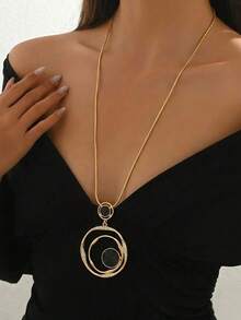 1pc Elegant Geometric Double Circle Pendant Necklace, Gold Tone Snake Chain Long Sweater Necklace For Women Daily Party Decor - Gold - View 1
