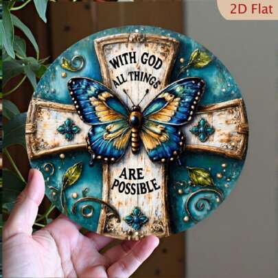 Trang trí tường bằng kim loại hình tròn 8 inch - "Với Chúa, mọi điều đều có thể" - Tấm bảng câu Kinh Thánh truyền cảm hứng cho nhà thờ, văn phòng - Quà tặng Giáng sinh, Halloween, thiết kế phẳng 2D với các lỗ gắn ngẫu nhiên.
