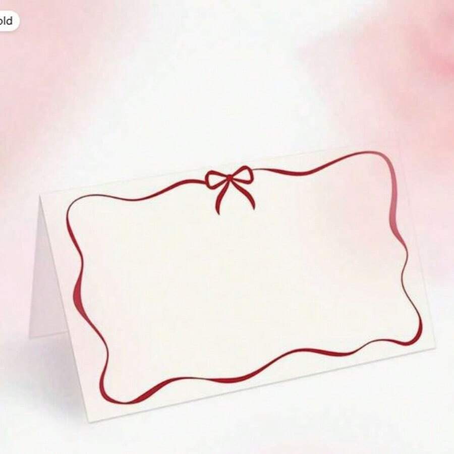 25张红色蝴蝶结波浪边装饰卡片，适合餐桌布置；空白名片，适用于宴会和婚礼 - A - 查看 1