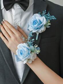 1件/2件/6件裝 藍色 Airen 玫瑰花配小茶苞，浪漫花卉胸針與手腕花飾，適合新娘、伴娘、新娘母親、母親 - 淺藍色 - 查看 9