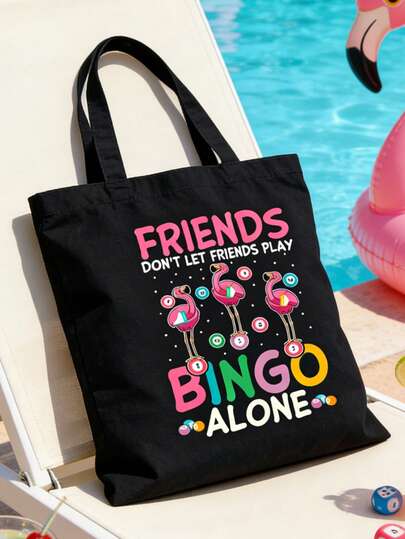 Stylish And Foldable Shoulder Bag With Makeup Bag, Printed With 'bingo' And Pink Flamingo Pattern, Large Capacity Canvas Cloth Pouch, Reusable Shopping Bag, Casual Shoulder Bag For Travel, Fitness, Beach, Vacation, Work, Gym, Everyday Use, Durable Single-Shoulder Carry, Ideal Gift For Summer, Birthday, Holiday, Vacation Getaway