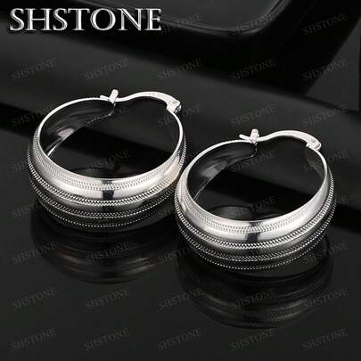 925 Sterling Silver Plated Round Circle Stripe Hoop Earrings For Women Wedding Engagement Birthday Christmas Party Gift Charm Jewelry