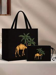Camels & Coconut Trees Print Tote Bag, Reusable Cosmetic Pouch With Camels Design, Lightweight, Cosmetic & Toiletry Organizer Bag, Zippered Cosmetic Bag, Lightweight Tote Bag, Toiletry Bag, Storage Bag, Travel Accessory, Perfect For Shopping, Back-To-School Gift,Versatile Use,New Year, Valentine'S Day Gift, Ramadan Gift,Back-To-School Gift ,Room Decor - Multicolor - View 2