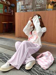 Cute Sweet Gentle Lace Trim Pink Casual Pants, Lightweight Loose Wide Leg Women's Trousers, Spring/Summer - Pinkish-purple - View 3