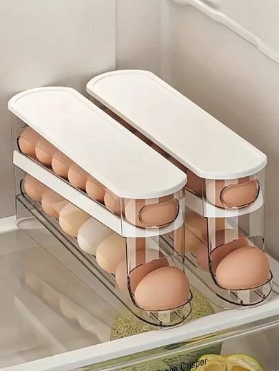 Space-Saving Egg Holder, Refrigerator Side Door Rolling Egg Storage Box, Heavy Duty Rolling Egg Tray, 2-Layer PP Plastic Fresh Refrigerator Egg Storage System, Transparent Divider For Easy Egg Access And Organization, No Battery Required, Kitchen And Refrigerator Egg Storage Box
