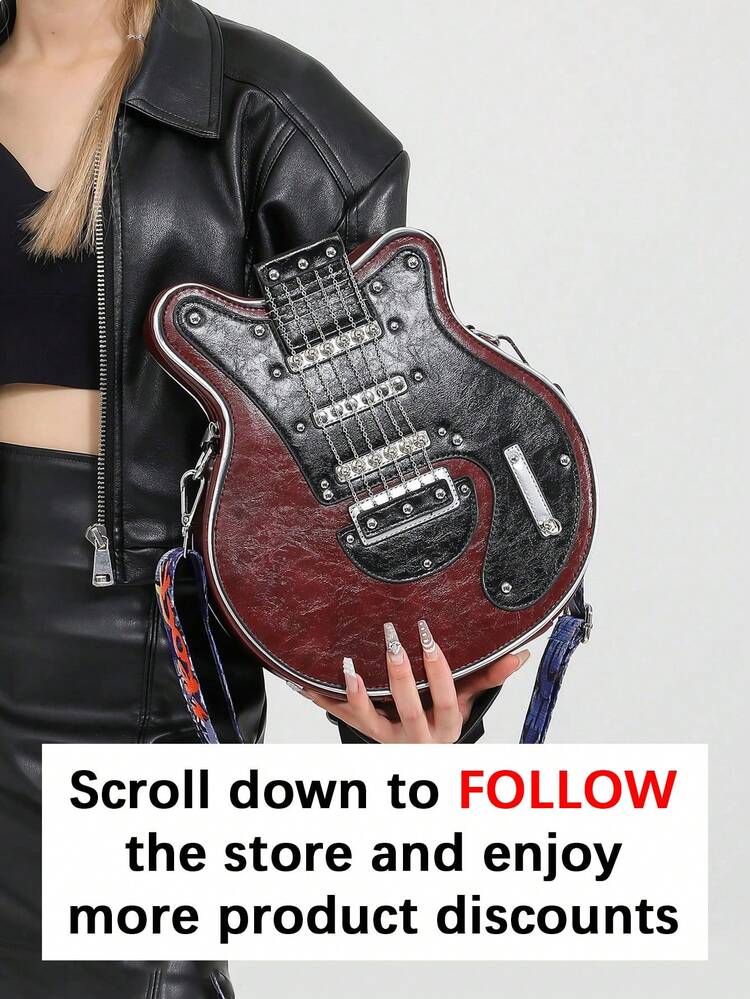 Y2K Retro Guitar Shaped Women's Shoulder Bag, Bass Guitar Unique Design Crossbody Bag, Chain Rivet Decor, Contrast Color Wide Strap, Street Fashion, Personalized Design, Steampunk, Gothic Style, Ladies Handbag, Cool Girl Street Outfit, Music Festival & Concert Essential, Rock Style Women Bag - Multicolor - View 2