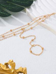 1pc Multi-Layer Stacking Bead Chain Finger Ring, Fashionable Backhand Jewelry, Suitable For Daily Wear, Dates, And Photo Shoots. Handmade Chain With Random Bead Quantity And Length - Gold - View 3