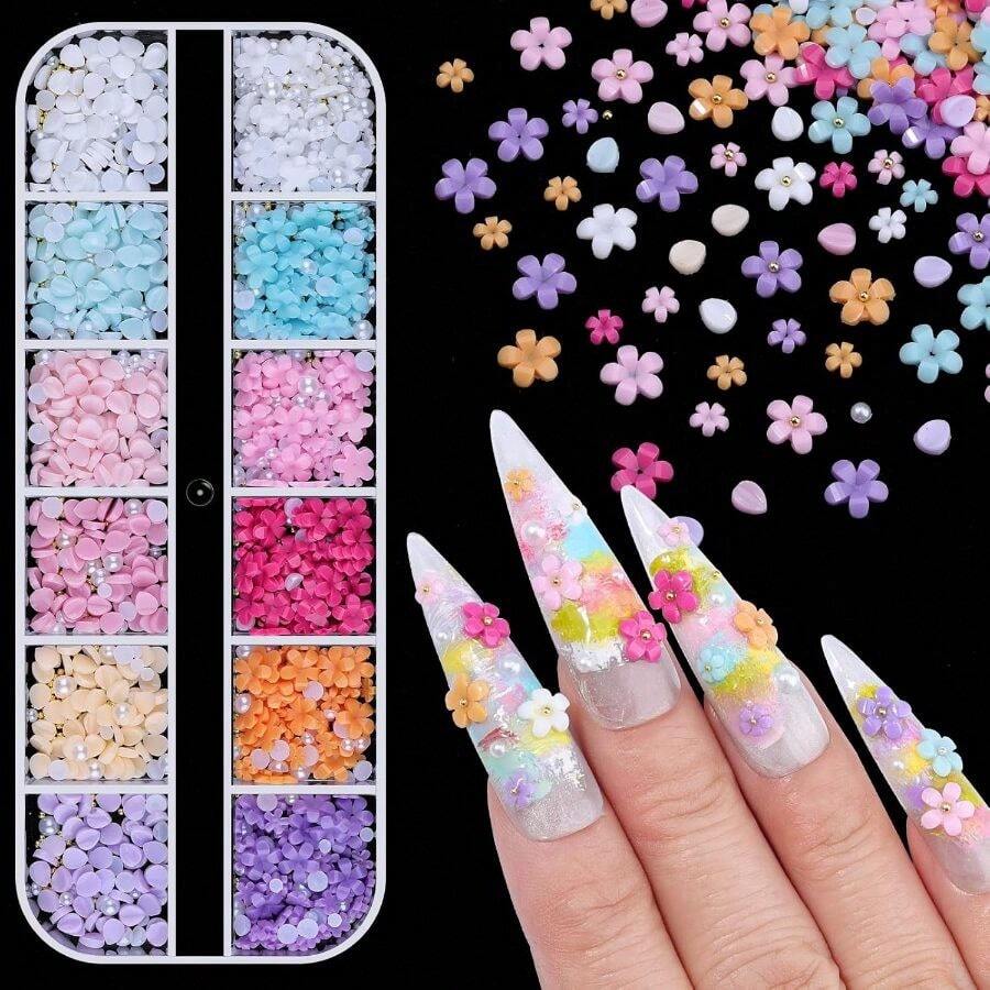 3D Flower Nail Art Charms, Cute Colorful Acrylic Flower Petals White Pink Cherry Blossom Spring Petal With Caviar Beads And Flatback Pearls For Manicure Craft DIY(20 - K1 - Colorful) - 20-K1-彩色 - 查看 1