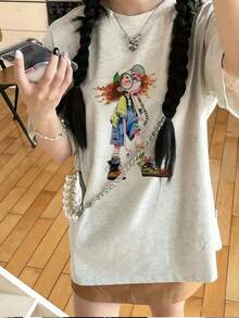 日系女式夏季宽松圆领短袖字母卡通印花T恤 - 淺花灰 - 查看 1