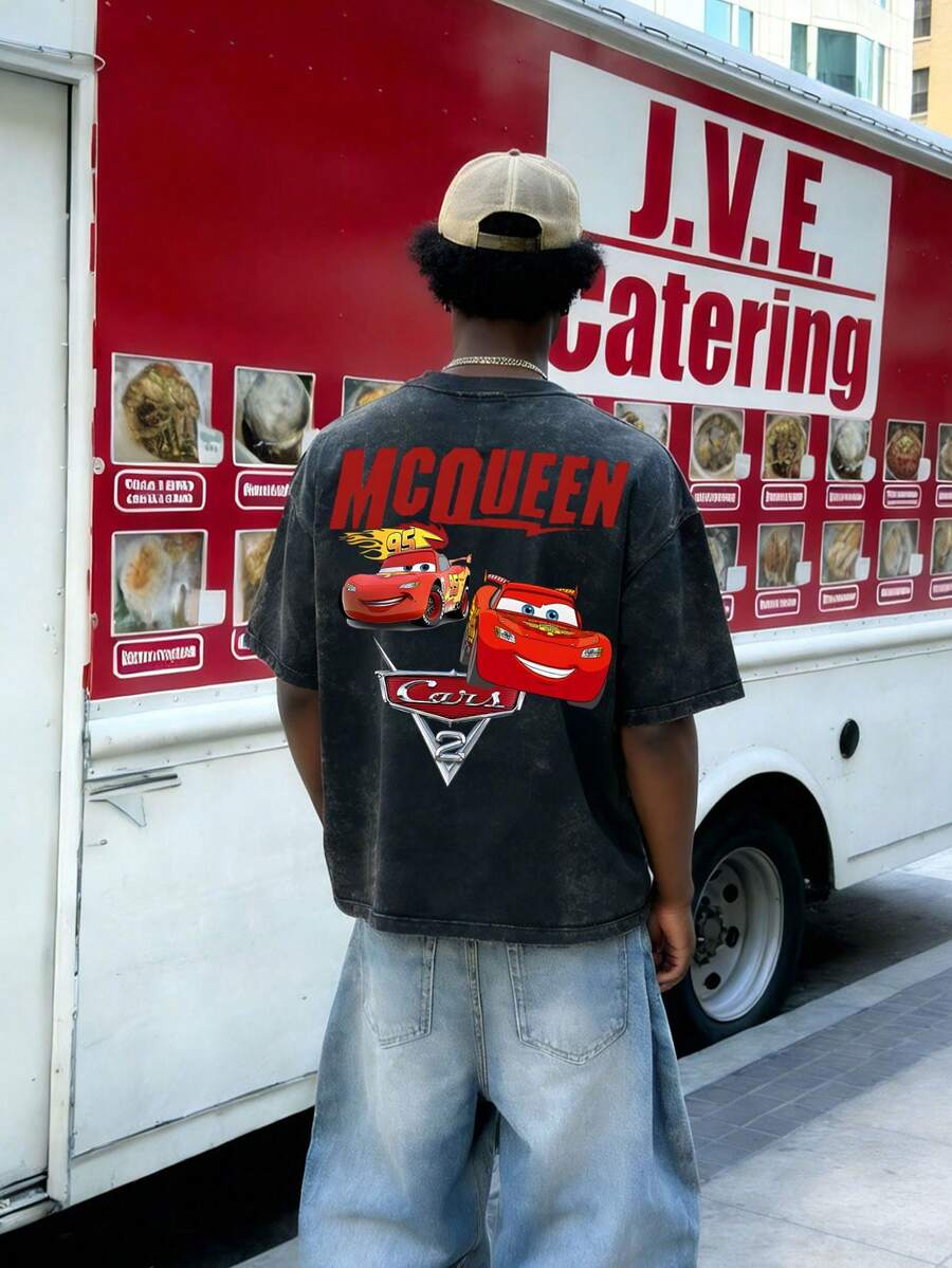 Disney-Car Mobilization Lightning McQueen T-Shirt Retro Distressed Washed Cartoon Printed Short Sleeved Shirt For Men And Women, Loose Half Sleeved Top For Couples - Black - View 1