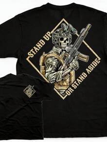 Men's Pure Cotton T-Shirt Funny Print T-Shirt,Mens Clothes,Stand Up Or Step Aside! This T-Shirt Is A Bold Military-Style Statement, A Perfect Gift For Her Or Him, A Round-Neck Streetwear Fashion Item,Summer Outfits,Streetwear,Y2k - 黑色 - 查看 1