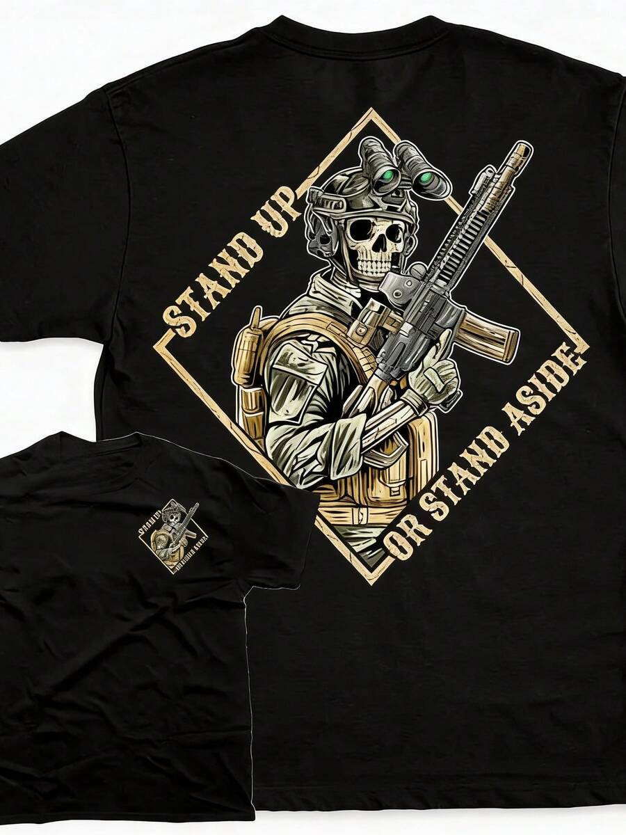 Men's Pure Cotton T-Shirt Funny Print T-Shirt,Mens Clothes,Stand Up Or Step Aside! This T-Shirt Is A Bold Military-Style Statement, A Perfect Gift For Her Or Him, A Round-Neck Streetwear Fashion Item,Summer Outfits,Streetwear,Y2k - 黑色 - 查看 1