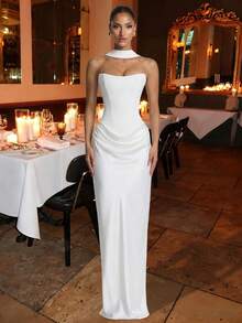 Maggie 女士性感无肩带修身长款连衣裙，夏季垂褶长裙，白色蕾丝系带露背优雅生日晚宴鸡尾酒会礼服 - 白色 - 查看 2