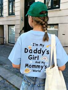 少女休闲趣味印花圆领短袖T恤，夏季上衣 - 淺藍色 - 查看 3