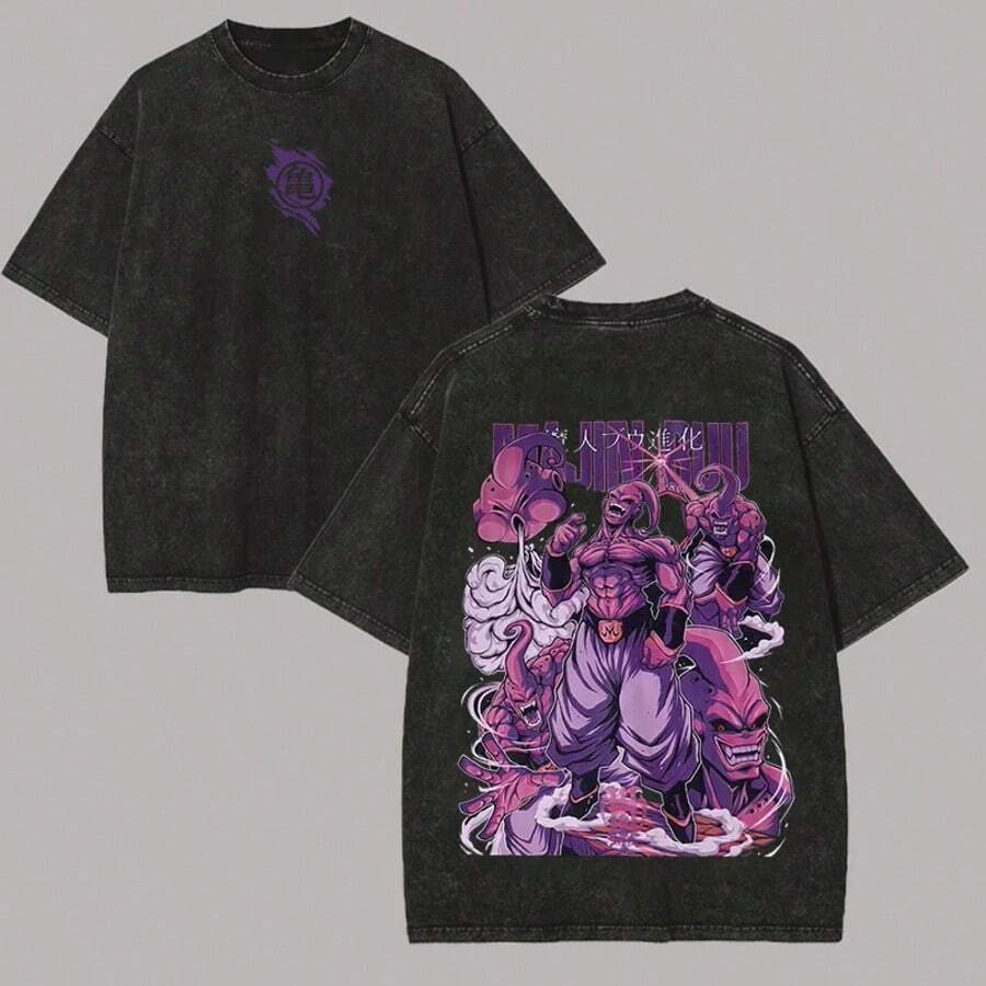 Dragon BallZ(DBZ) Majin Buu Evolution Oversized Graphic T-Shirt, Vintage Washed Black Crew Neck Tee, Evil Symbol Front Print & Back Multi-Form Anime Graphic Top For Streetwear Enthusiasts, Anime Shirt, Mens Clothes, Mens T Shirts, Unisex Casual Streetwear Japanese Anime T-Shirts - 黑色 - 查看 1