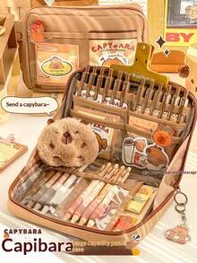 33pcs/226pcs/127pcs/47pcs Capybara Stationery Set, Cute Capybara Pencil Case, Multi-Layer Student Pencil Box, Includes Stickers, Keychains, Brooches, Gift Set,Back To School,Bag - Camel - View 21