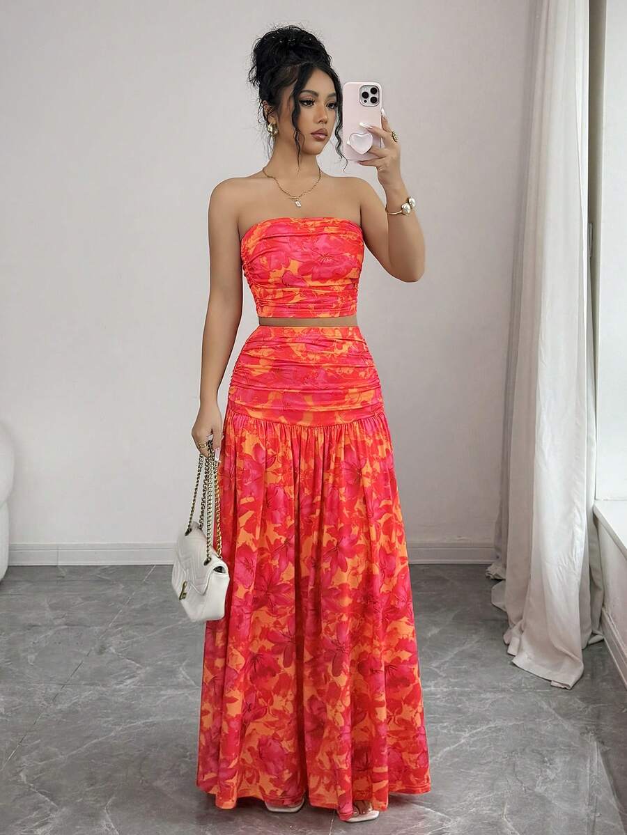 abyoxi Bộ đồ 2 mảnh gồm áo croptop cúp ngực xếp ly in hoa màu cam và đỏ dành cho nữ, thích hợp cho mùa xuân hè. - trái cam - Xem 1